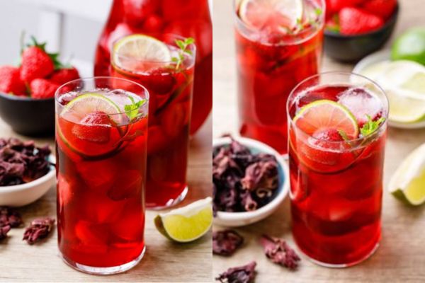 making hibiscus tea with strawberry syrup